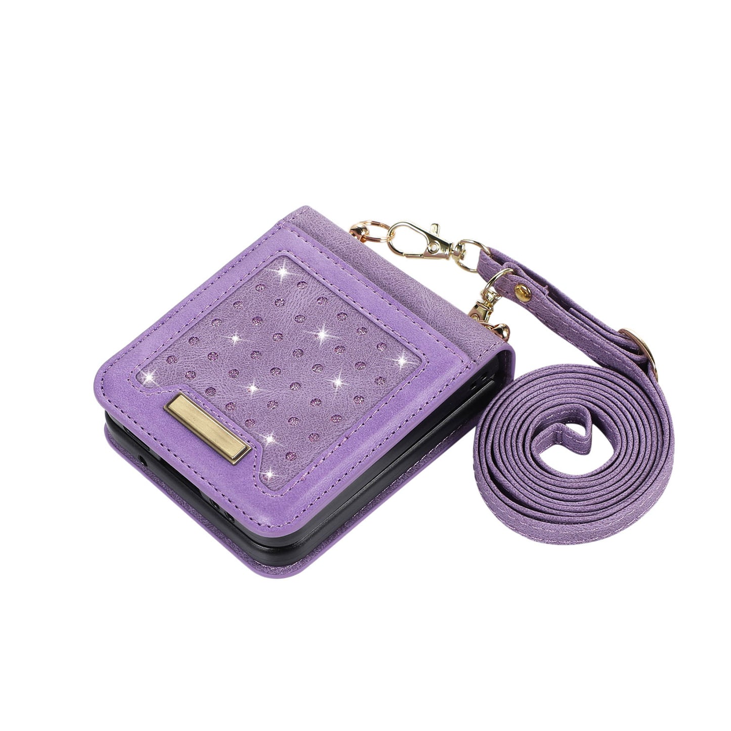 Crossbody Strap Bling Glitter Leather Flip Case for Samsung Galaxy Z Flip5, Purple