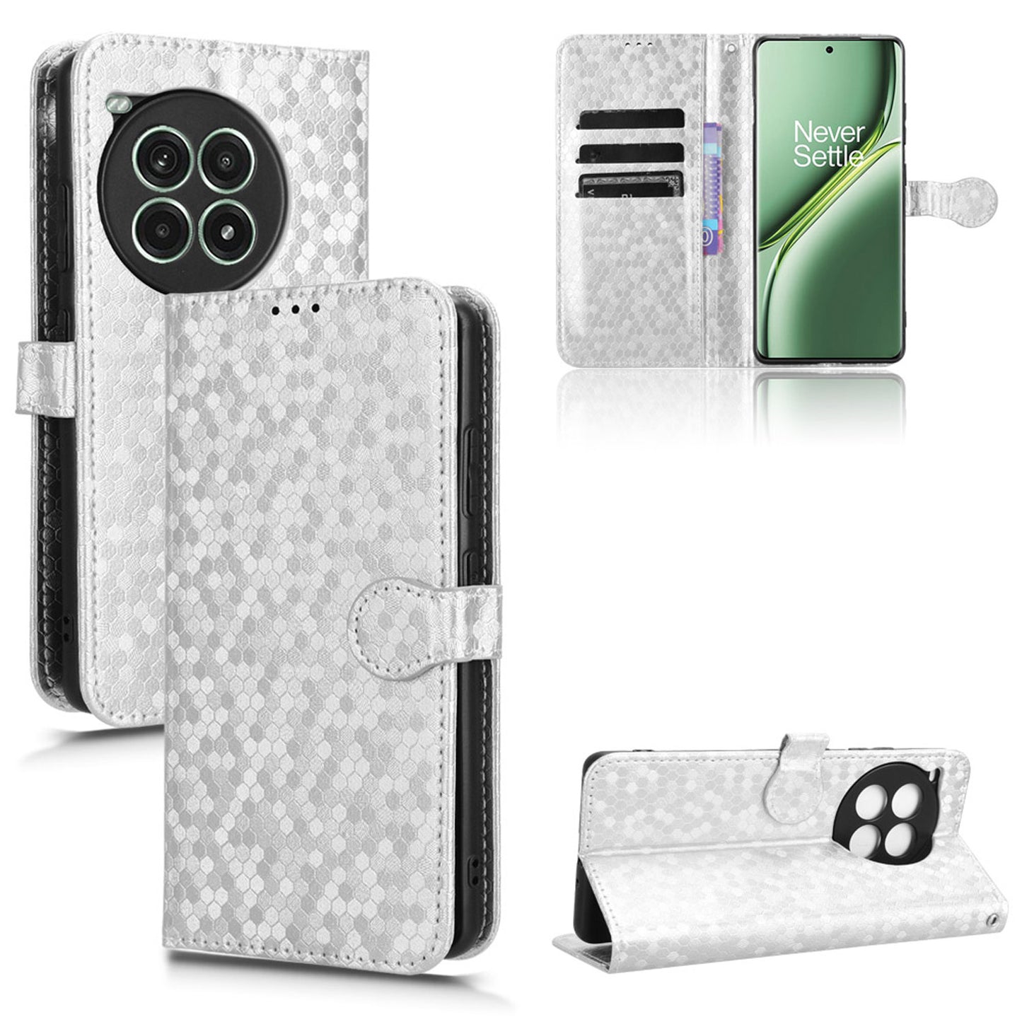 Slim Flip Polka-Dots Phone Case with Card Holder for OnePlus Ace 3 Pro, Silver