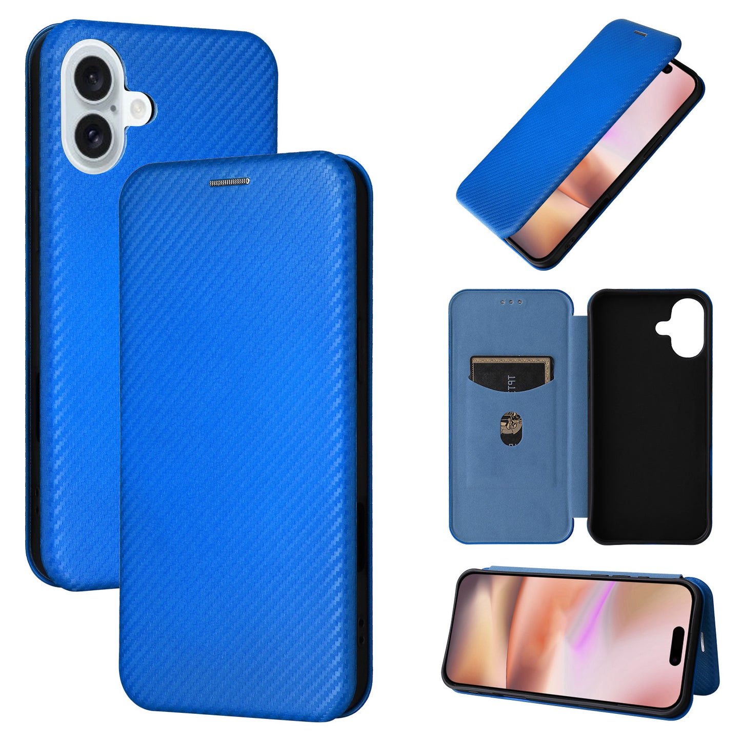 Carbon Fiber Flip Case for iPhone 16, Blue