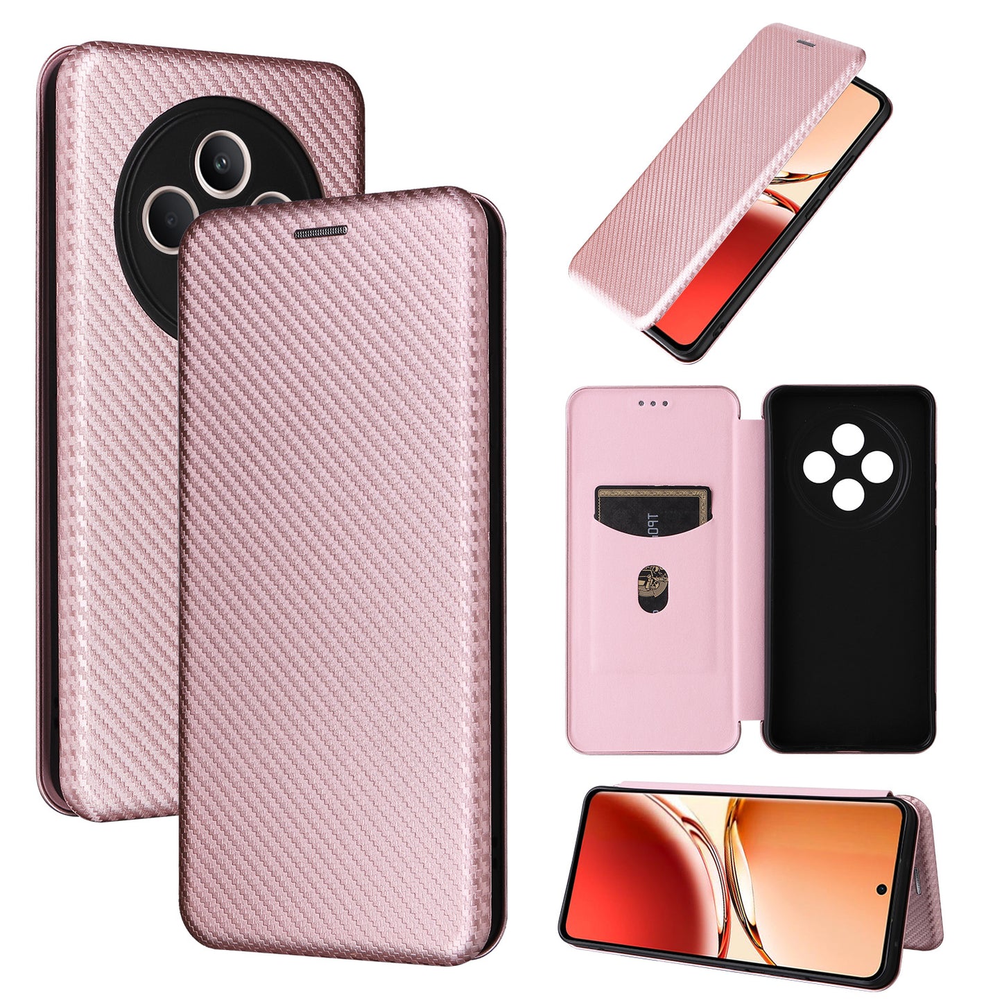 Carbon Fiber Flip Case for OPPO Reno12 F 5G, Rose Gold