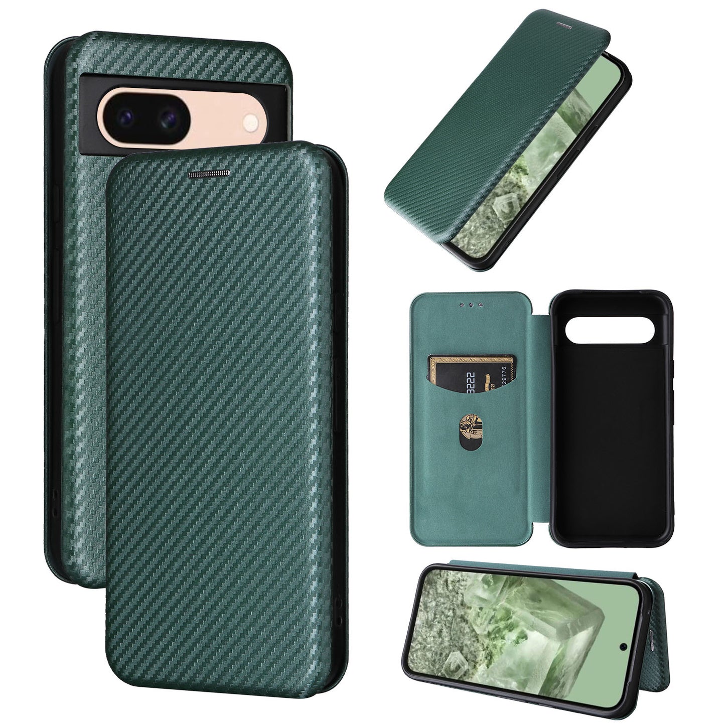 Carbon Fiber Flip Case for Google Pixel 8A, Green