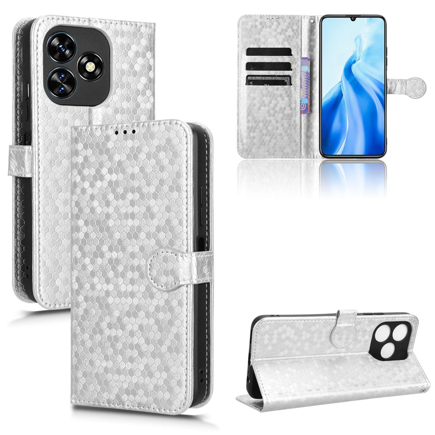 Slim Flip Polka-Dots Phone Case with Card Holder for Oukitel C51, Silver