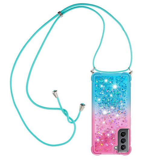 Samsung Galaxy S21+ 5G Gradient Quicksand Liquid Shockproof Case with Adjustable Lanyard, B&P&LANYARD