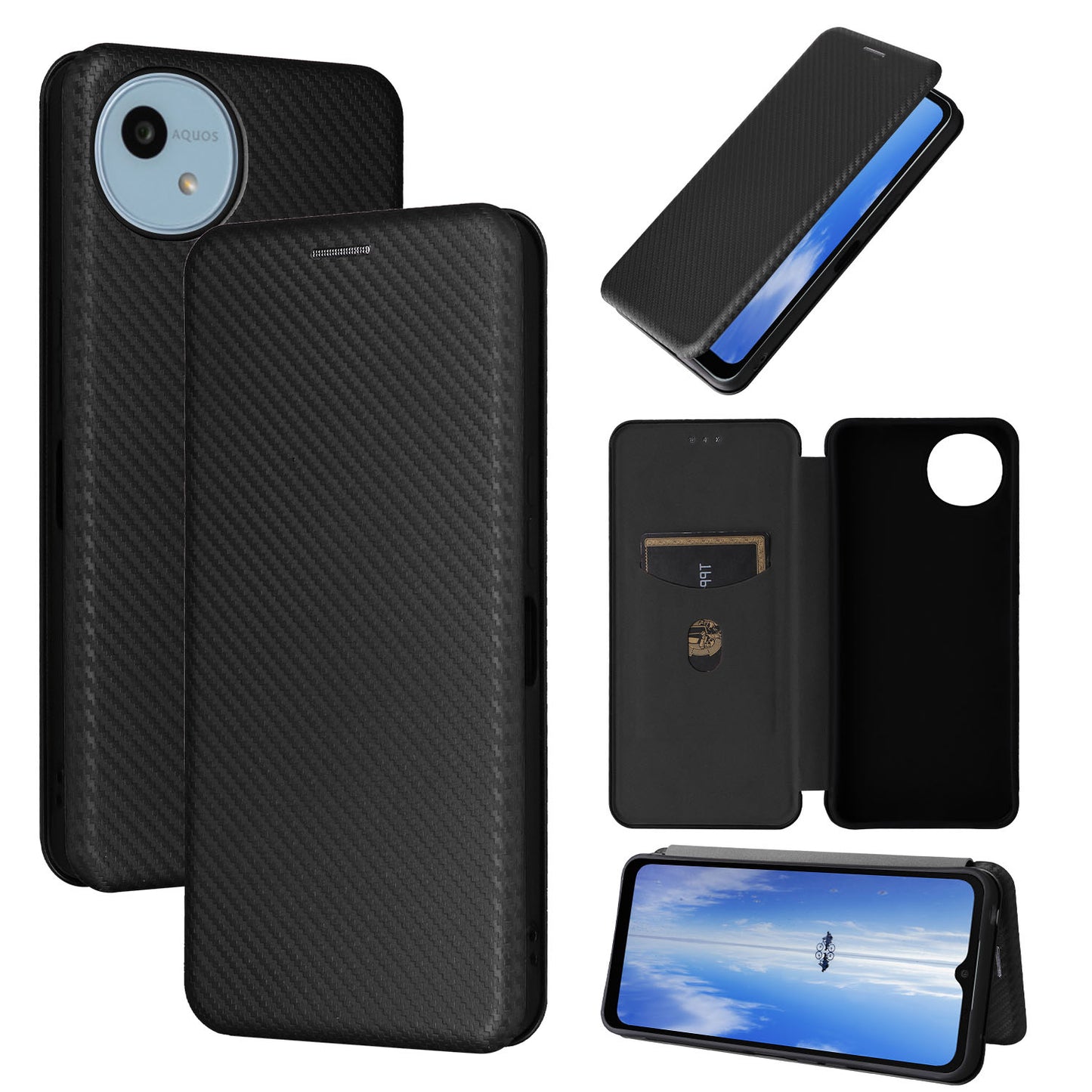 Carbon Fiber Flip Case for Sharp AQUOS Wish4, Black