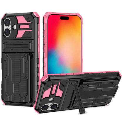 Detachable Card Holder Case with Kickstand Heavy Duty Cover for iPhone 16, Pink