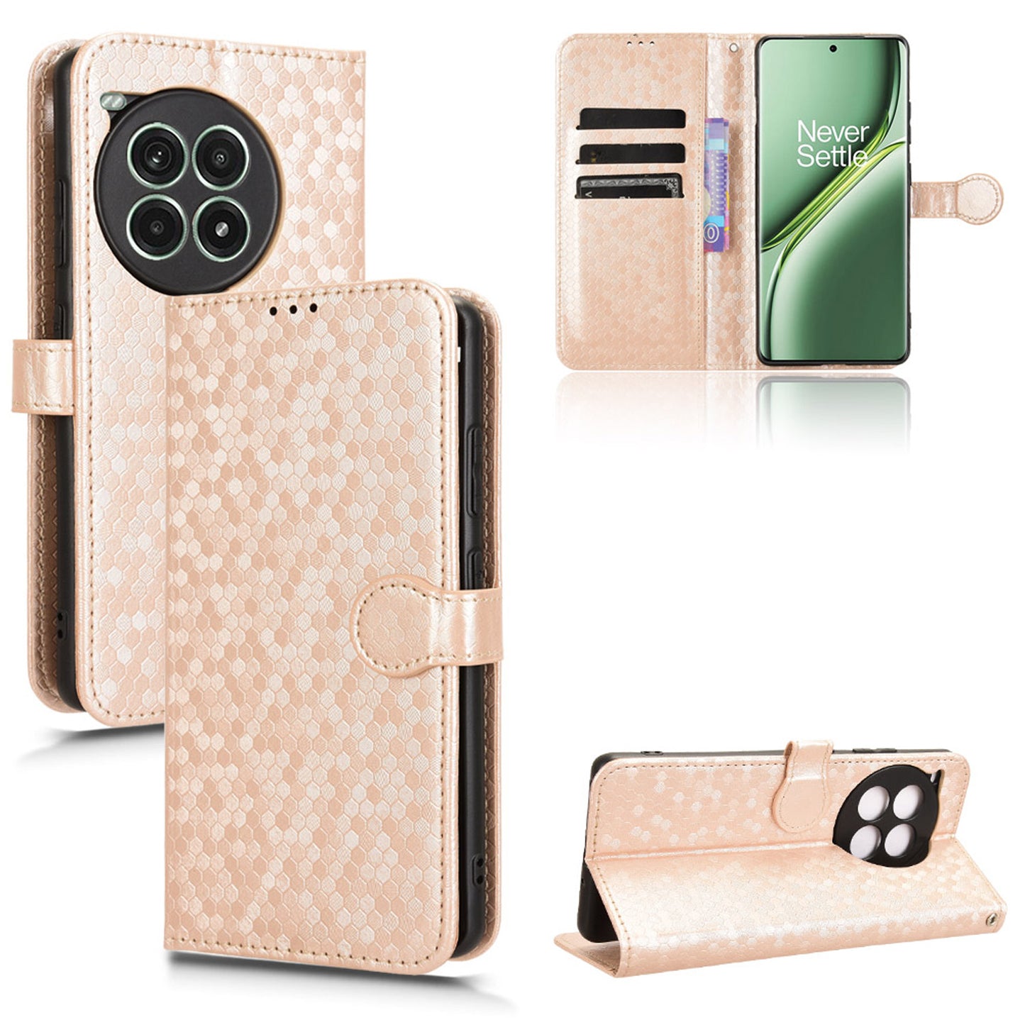 Slim Flip Polka-Dots Phone Case with Card Holder for OnePlus Ace 3 Pro, Rose Gold