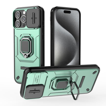 iPhone 16 Pro Heavy Duty Shockproof Case with Built in Slide Camera Lens Cover and Kickstand, Green