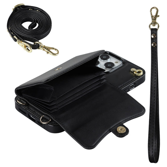 Crossbody Leather Detachable Adjustable Strap Wristlet Flip Case for iPhone 16 Pro Max, Black