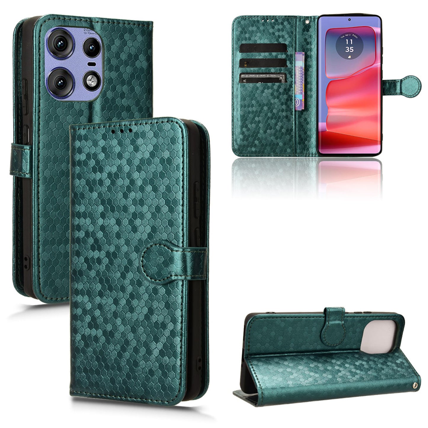 Slim Flip Polka-Dots Phone Case with Card Holder for Motorola Edge 50 Pro, Green