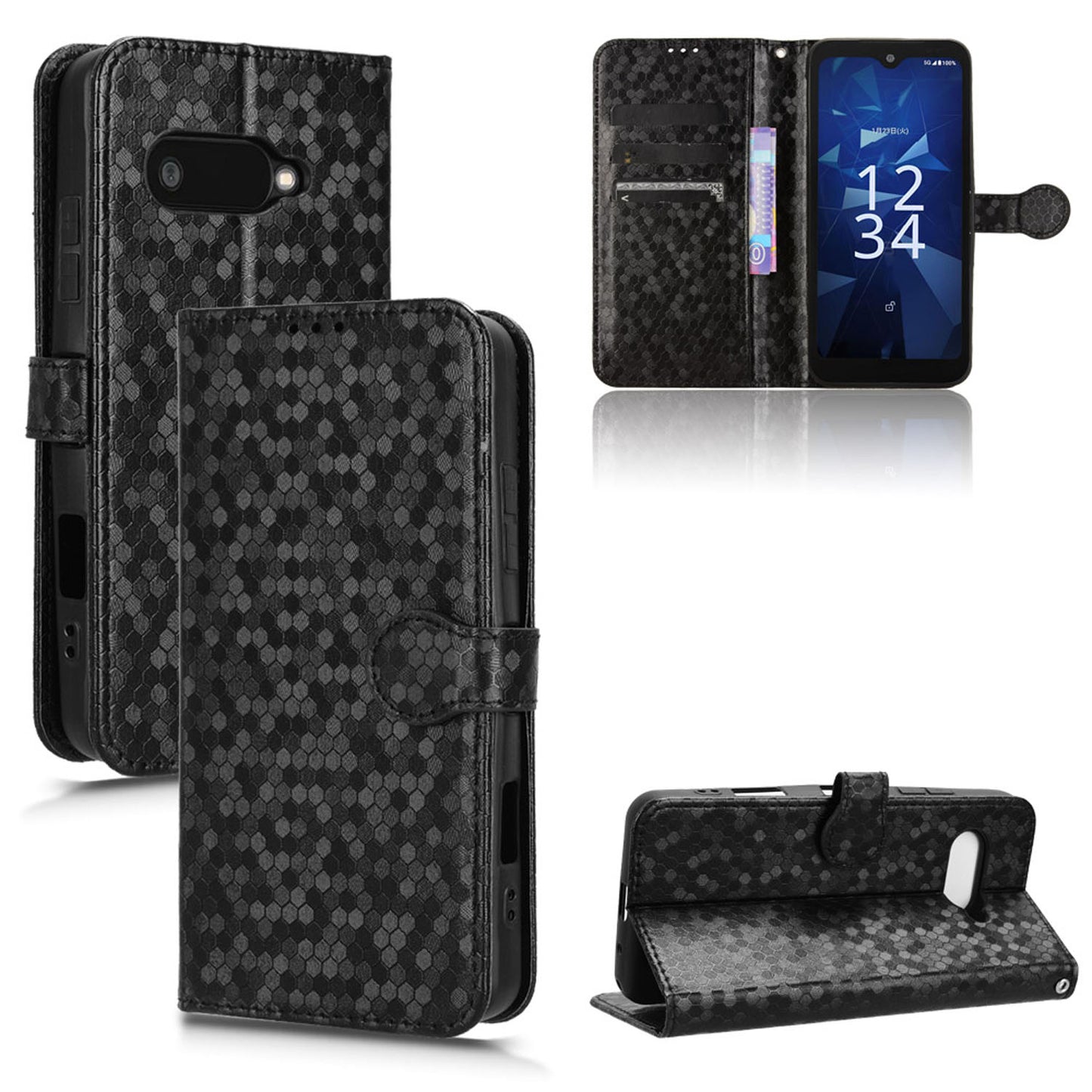 Slim Flip Polka-Dots Phone Case with Card Holder for Kyocera Digno SX4 5G, Black