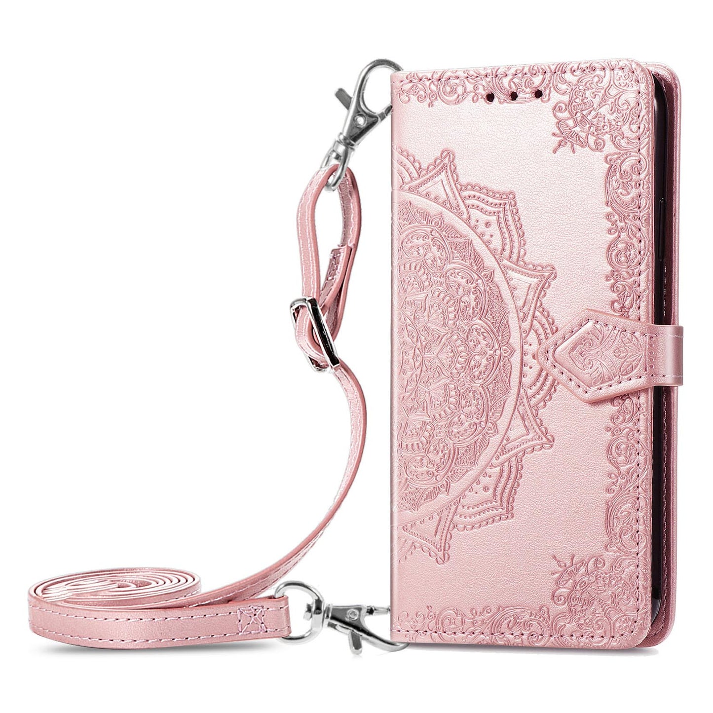 Mandala Pattern Crossbody Wallet Case for Google Pixel 6, Rose Gold