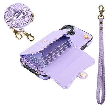 Crossbody Leather Detachable Adjustable Strap Wristlet Flip Case for iPhone 16 Plus, Purple