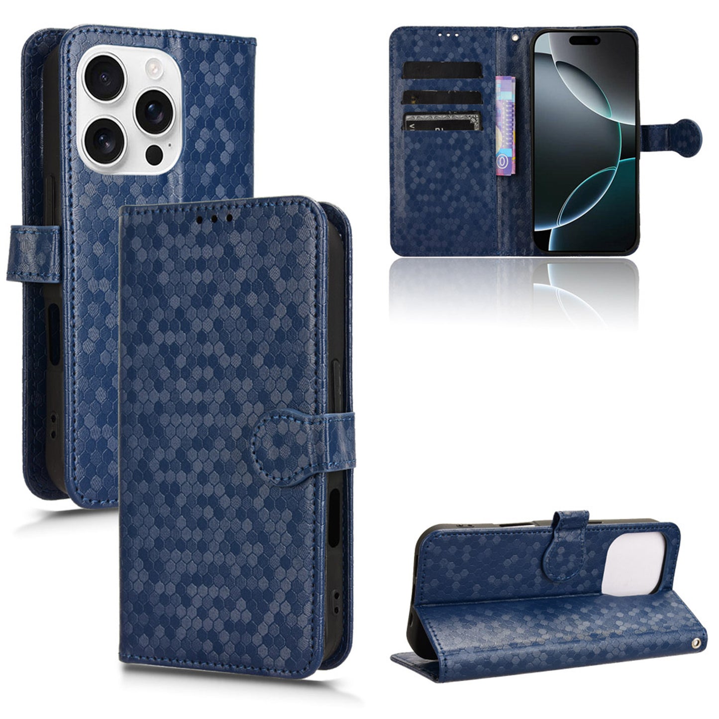 Slim Flip Polka-Dots Phone Case with Card Holder for iPhone 16 Pro, Blue