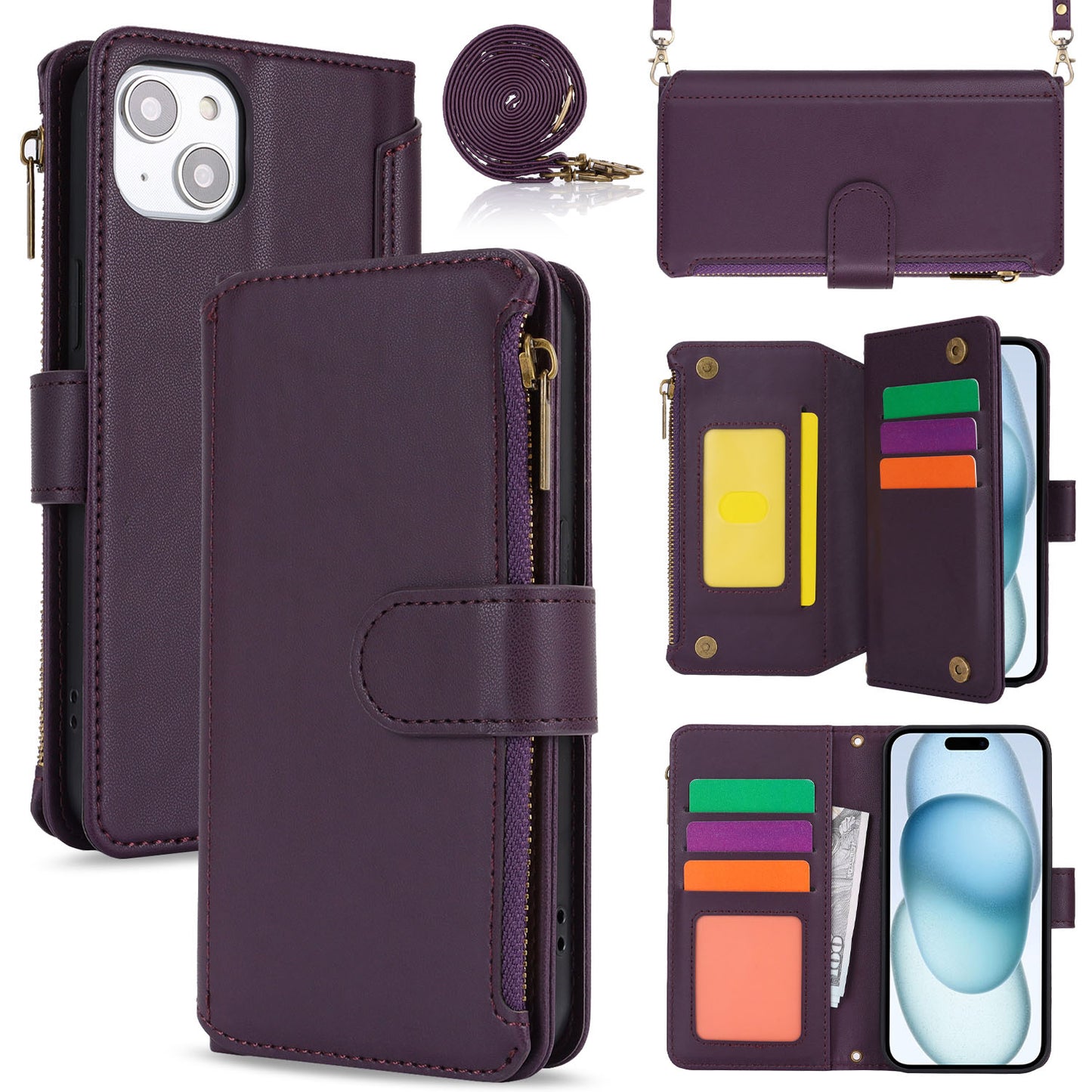 for iPhone 15 Wallet Case with RFID Blocking, Purple