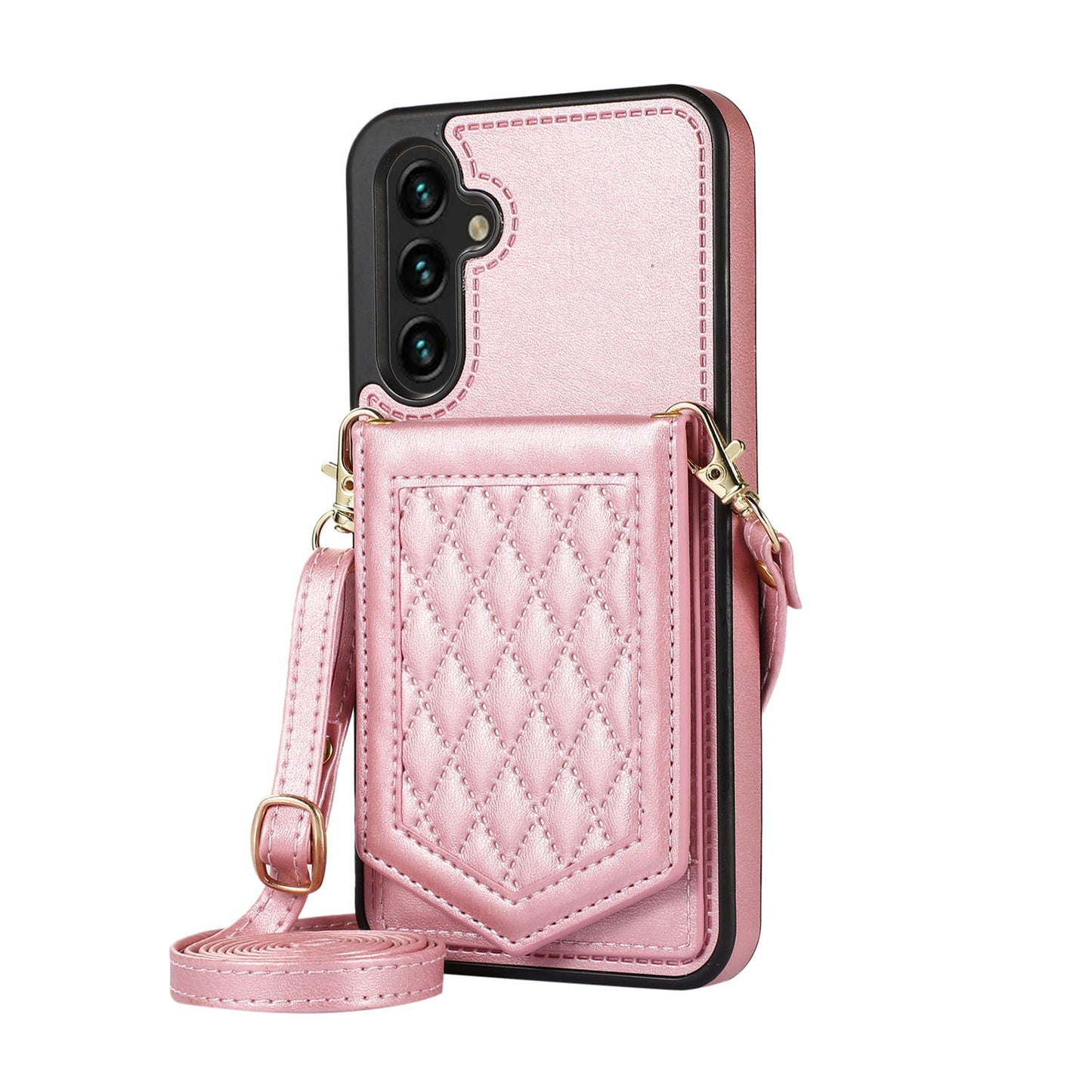 Crossbody Wallet Case with Makeup Mirror for Samsung Galaxy S24, Rose Gold