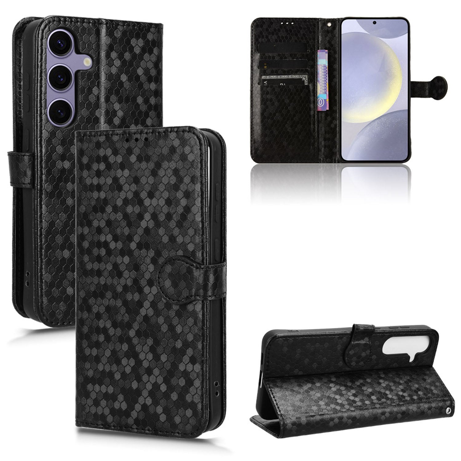 Slim Flip Polka-Dots Phone Case with Card Holder for Samsung Galaxy S24+, Black