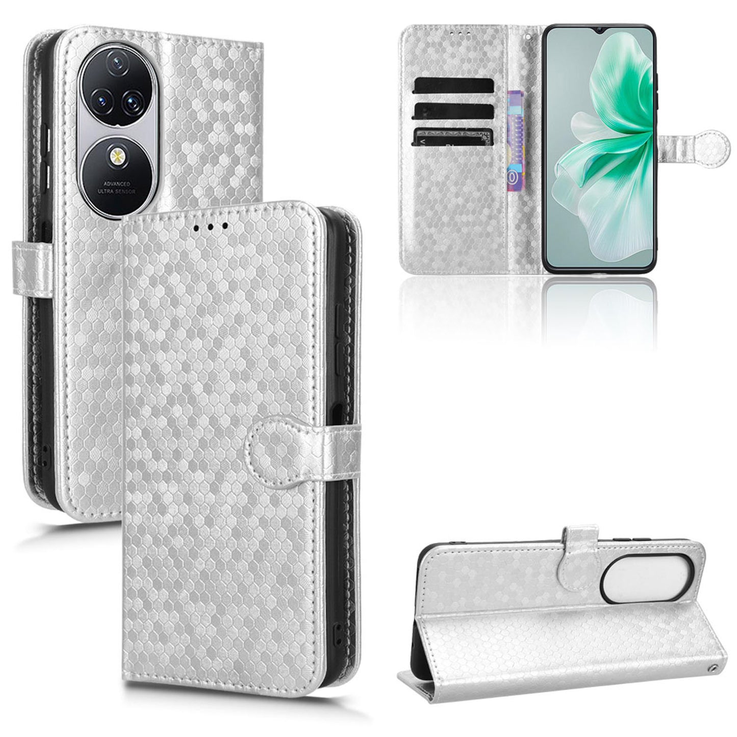 Slim Flip Polka-Dots Phone Case with Card Holder for Oukitel C38, Silver