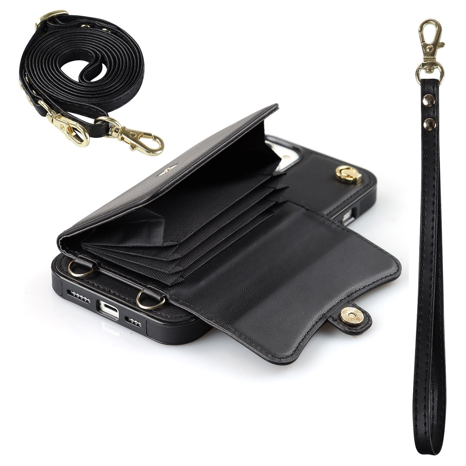 Crossbody Leather Detachable Adjustable Strap Wristlet Flip Case for iPhone 14 Plus, Black