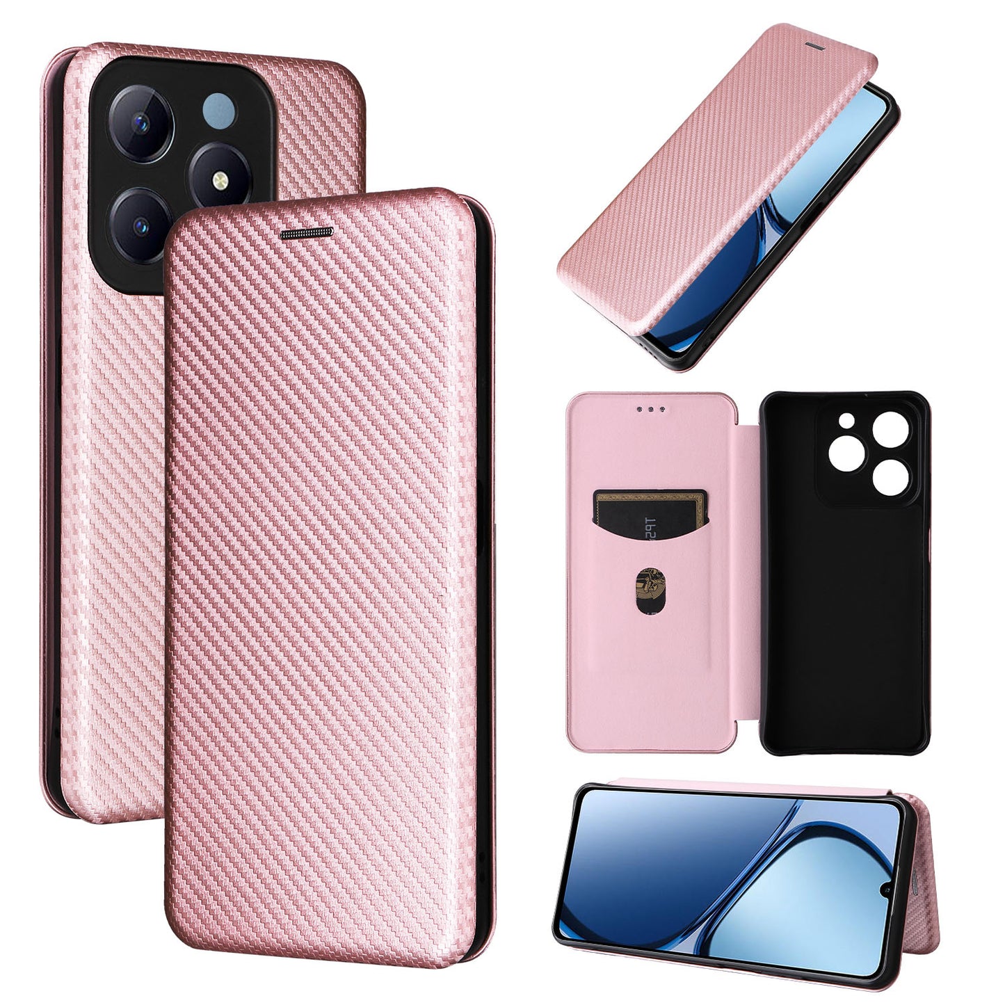 Carbon Fiber Flip Case for Realme C63, Rose Gold