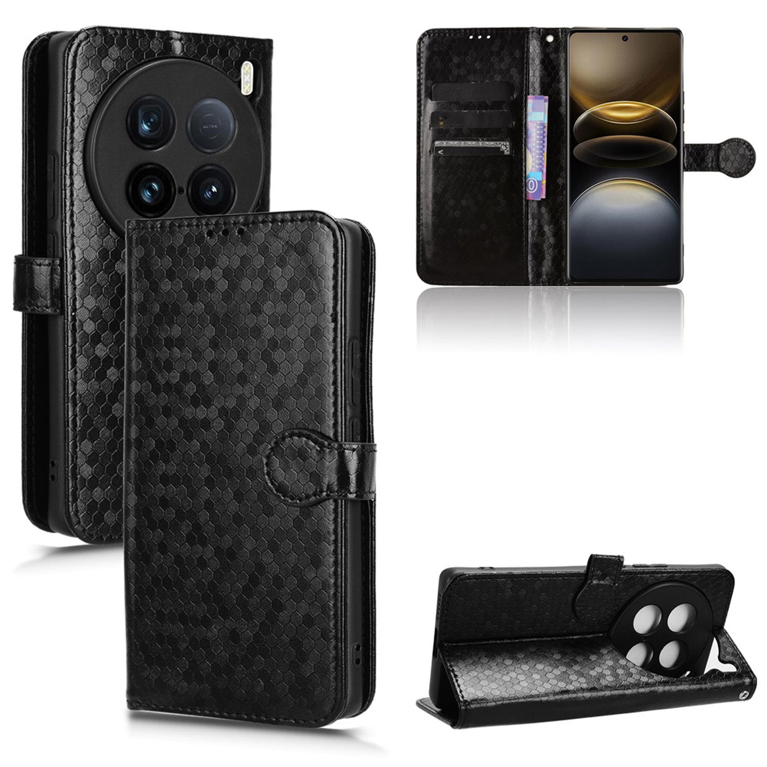 Slim Flip Polka-Dots Phone Case with Card Holder for VIVO X100 Ultra, Black