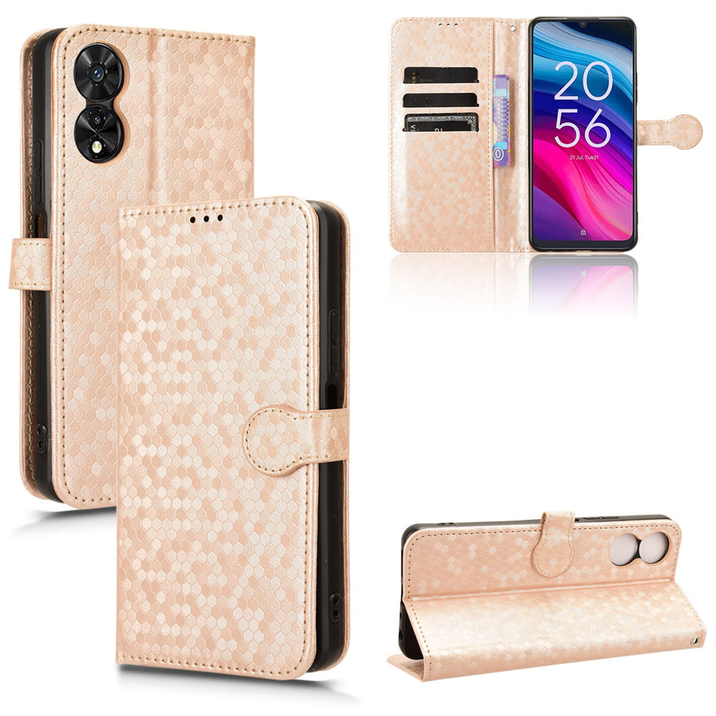 Slim Flip Polka-Dots Phone Case with Card Holder for TCL 50 SE, Rose Gold