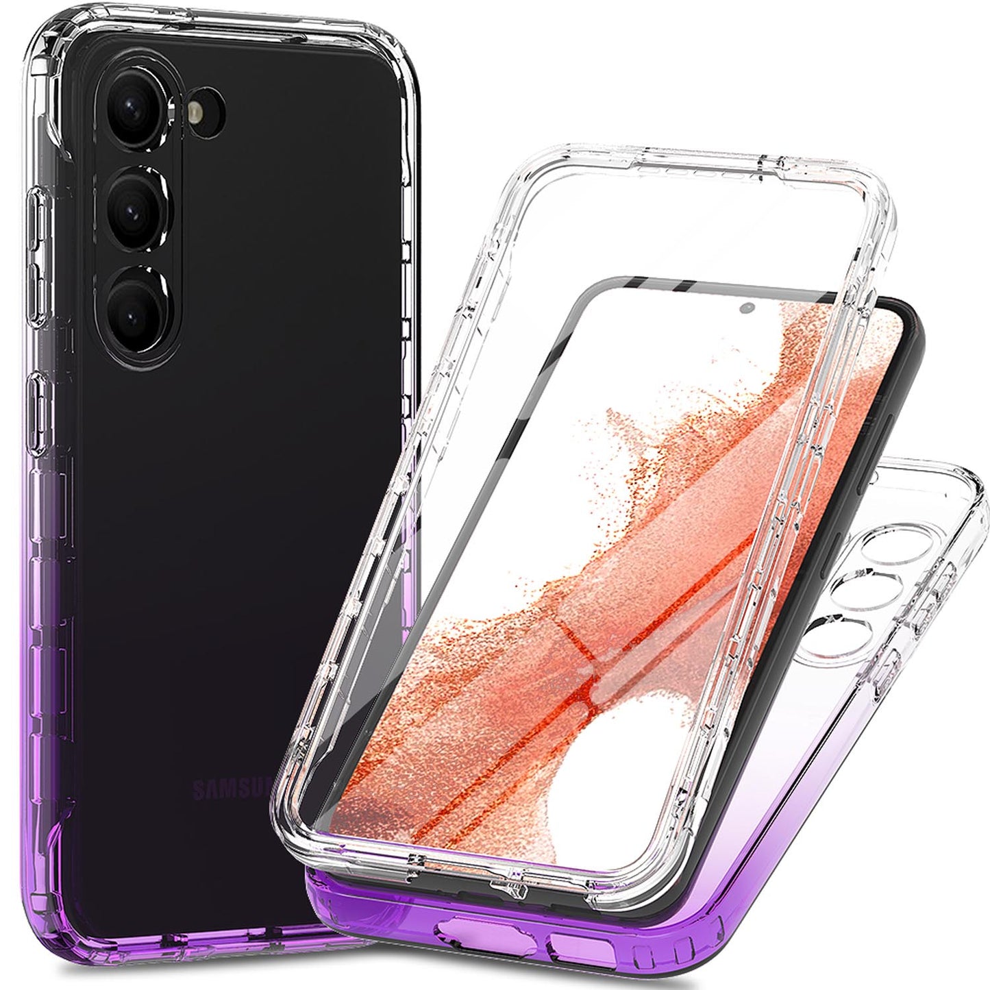 Gradient Clear Shockproof Full Body Case with Built-in Screen Protector Cover for Samsung Galaxy S23+, HALF-PURPLE