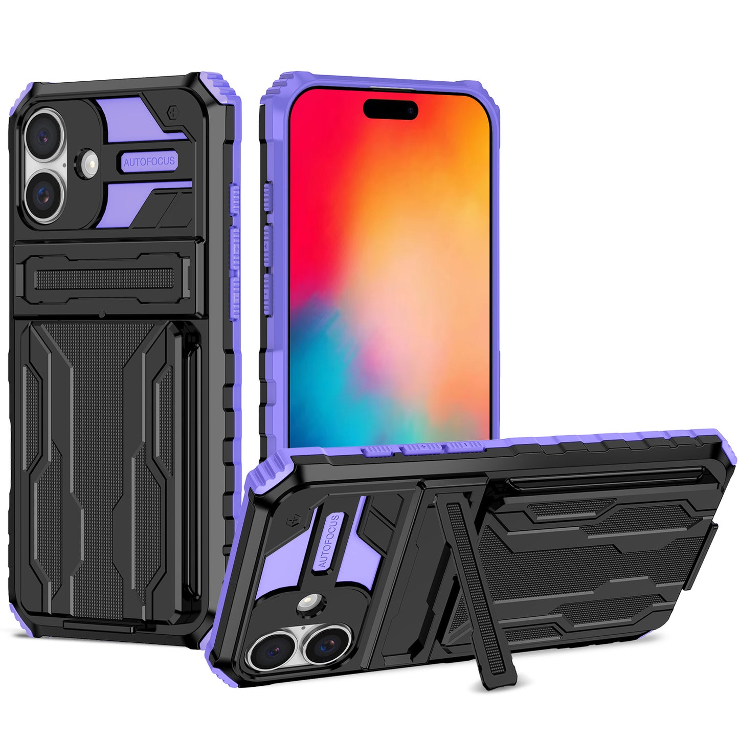 Detachable Card Holder Case with Kickstand Heavy Duty Cover for iPhone 16 Plus, Purple