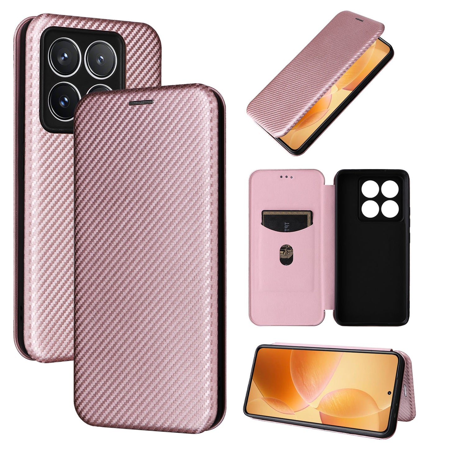 Carbon Fiber Flip Case for Xiaomi 14T Pro, Rose Gold