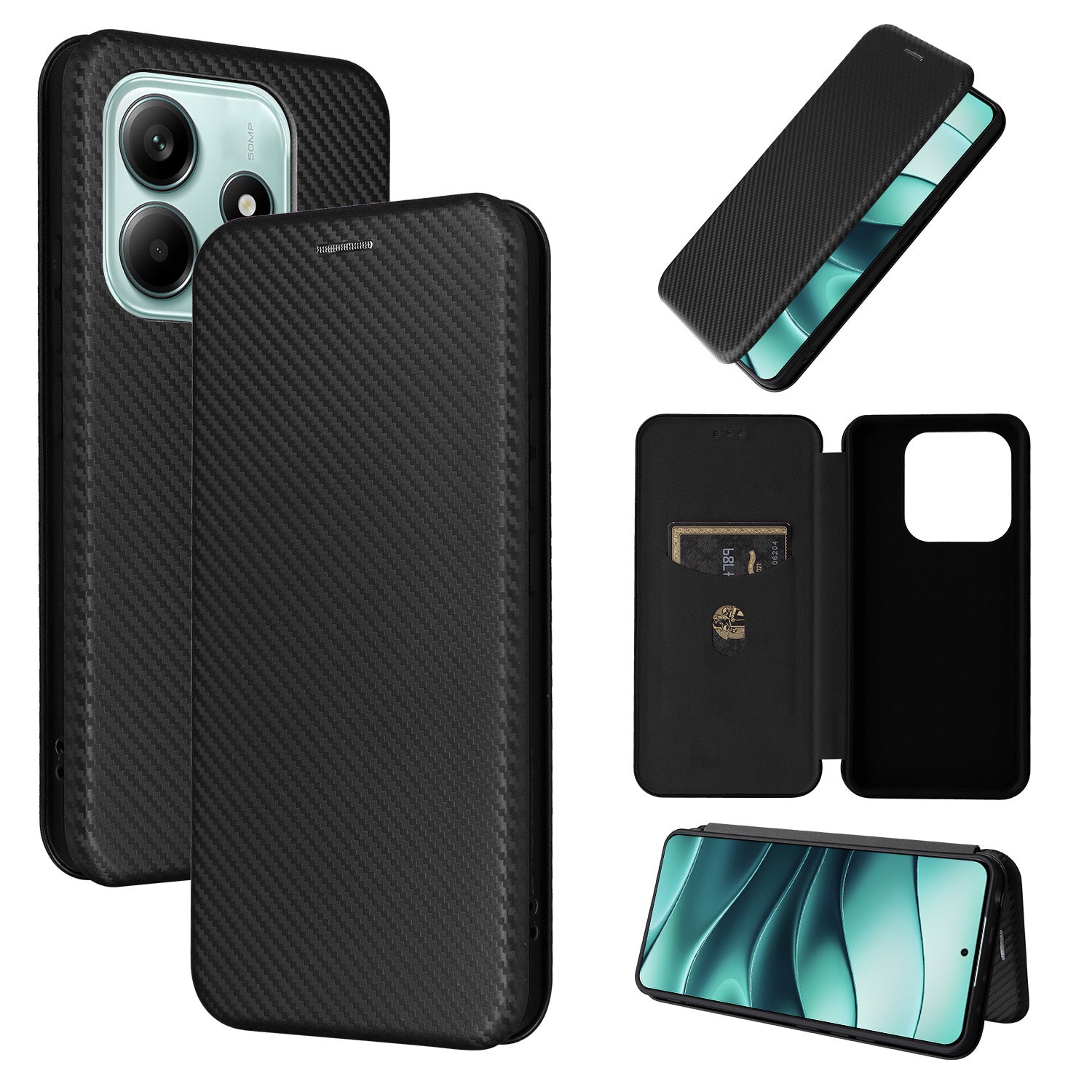 Carbon Fiber Flip Case for Redmi Note 14 5G, Black