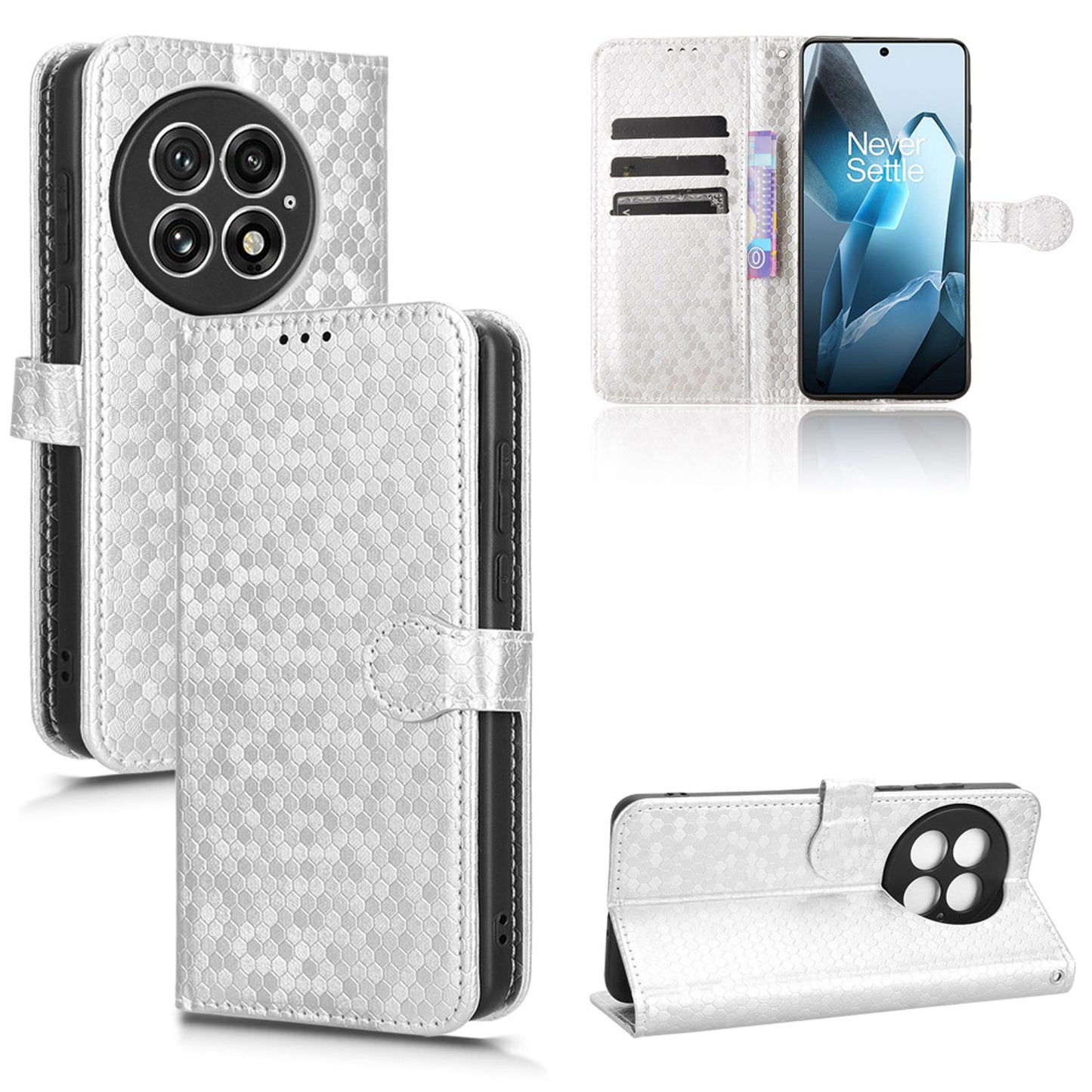 Slim Flip Polka-Dots Phone Case with Card Holder for OnePlus 13, Silver