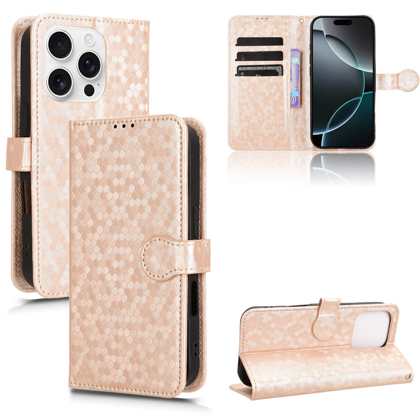 Slim Flip Polka-Dots Phone Case with Card Holder for iPhone 16 Pro Max, Rose Gold