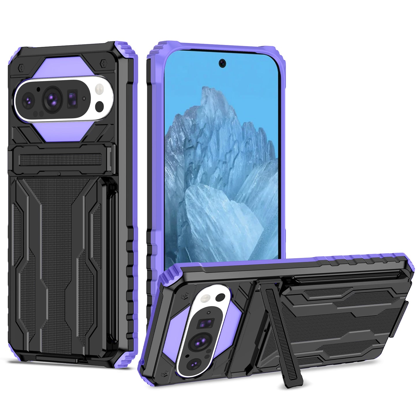 Detachable Card Holder Case with Kickstand Heavy Duty Cover for Google Pixel 9 Pro, Purple