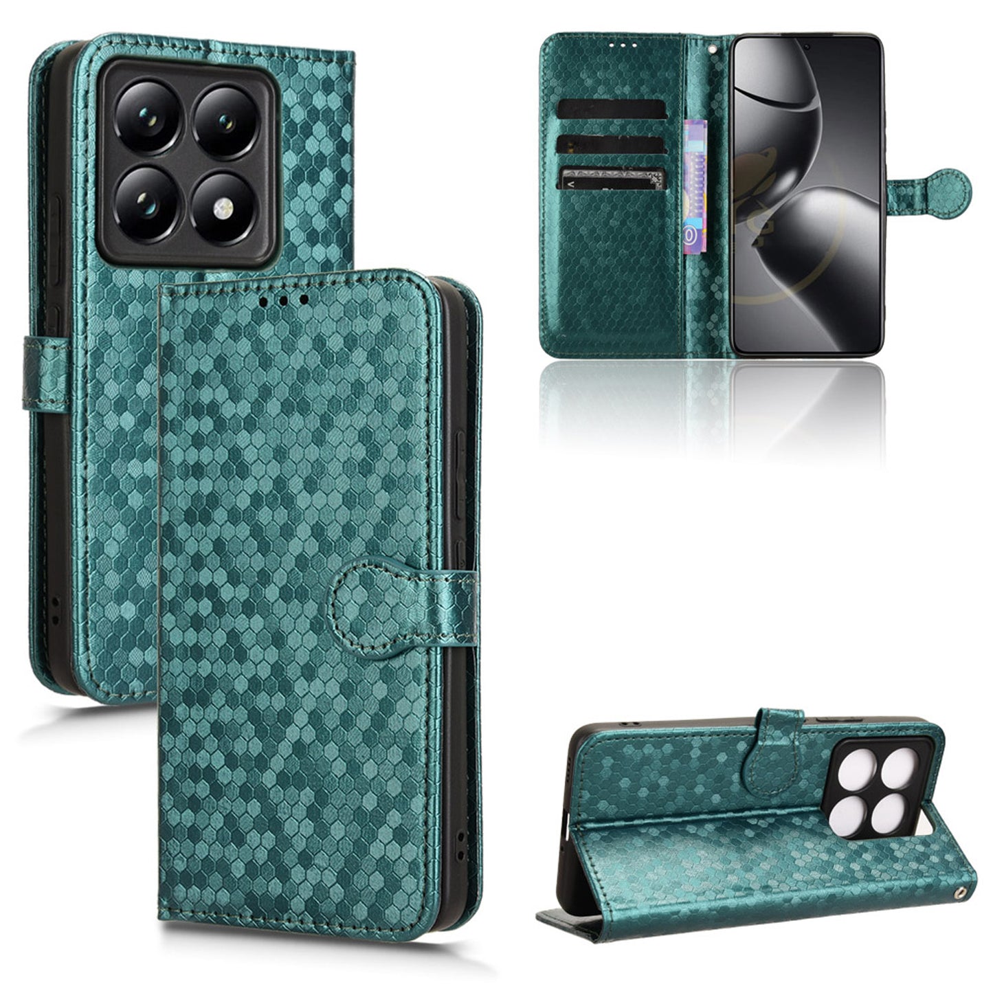 Slim Flip Polka-Dots Phone Case with Card Holder for Xiaomi 14T, Green