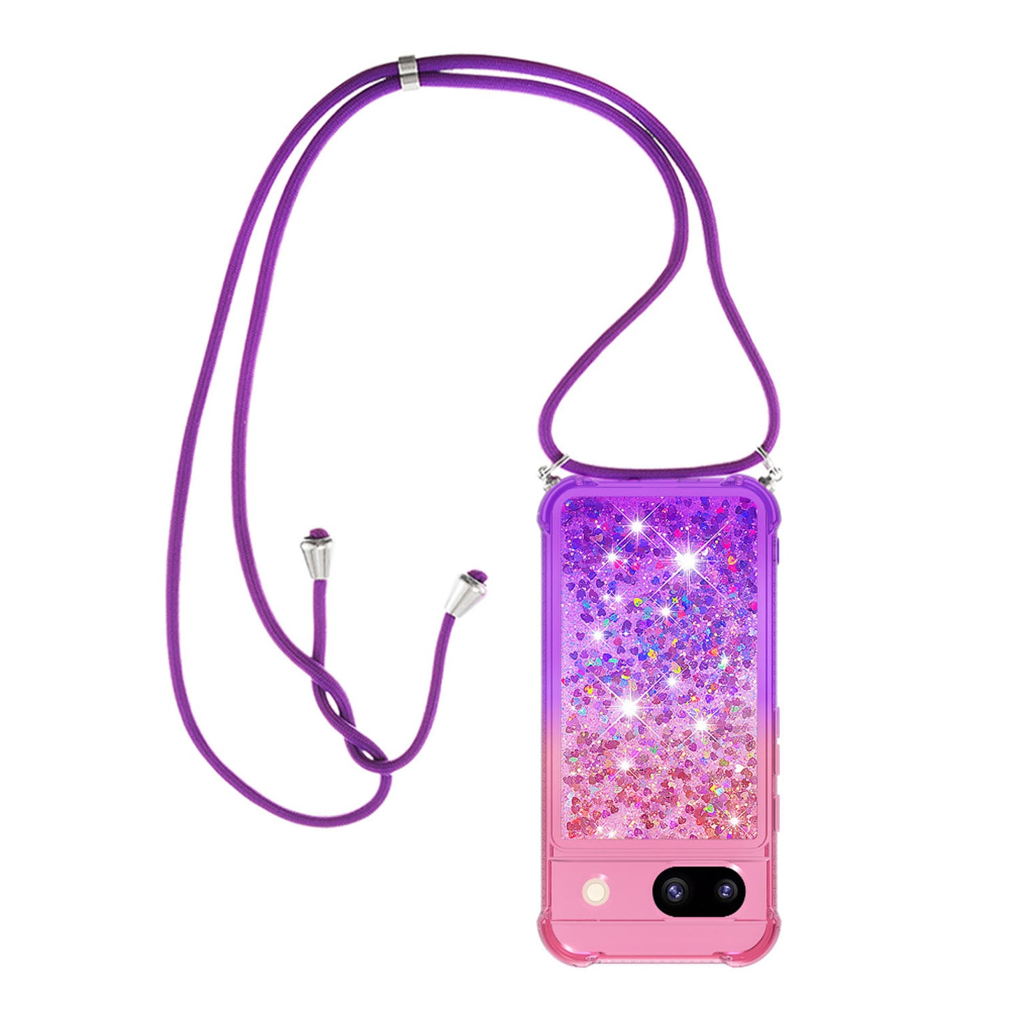 Google Pixel 8A Gradient Quicksand Liquid Shockproof Case with Adjustable Lanyard, PINK&P&LANYARD