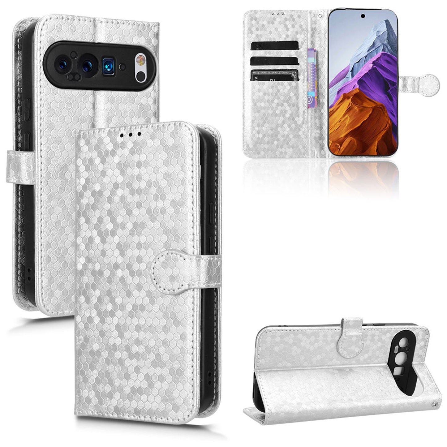 Slim Flip Polka-Dots Phone Case with Card Holder for Google Pixel 9 Pro XL, Silver