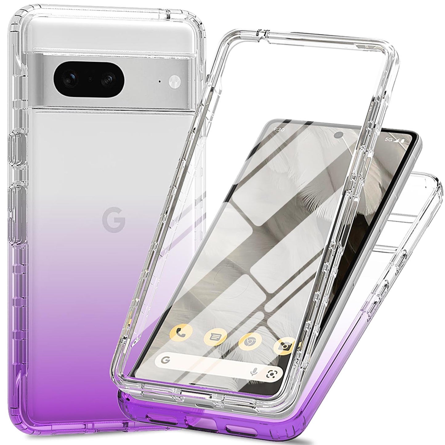 Gradient Clear Shockproof Full Body Case with Built-in Screen Protector Cover for Google Pixel 7, HALF-PURPLE