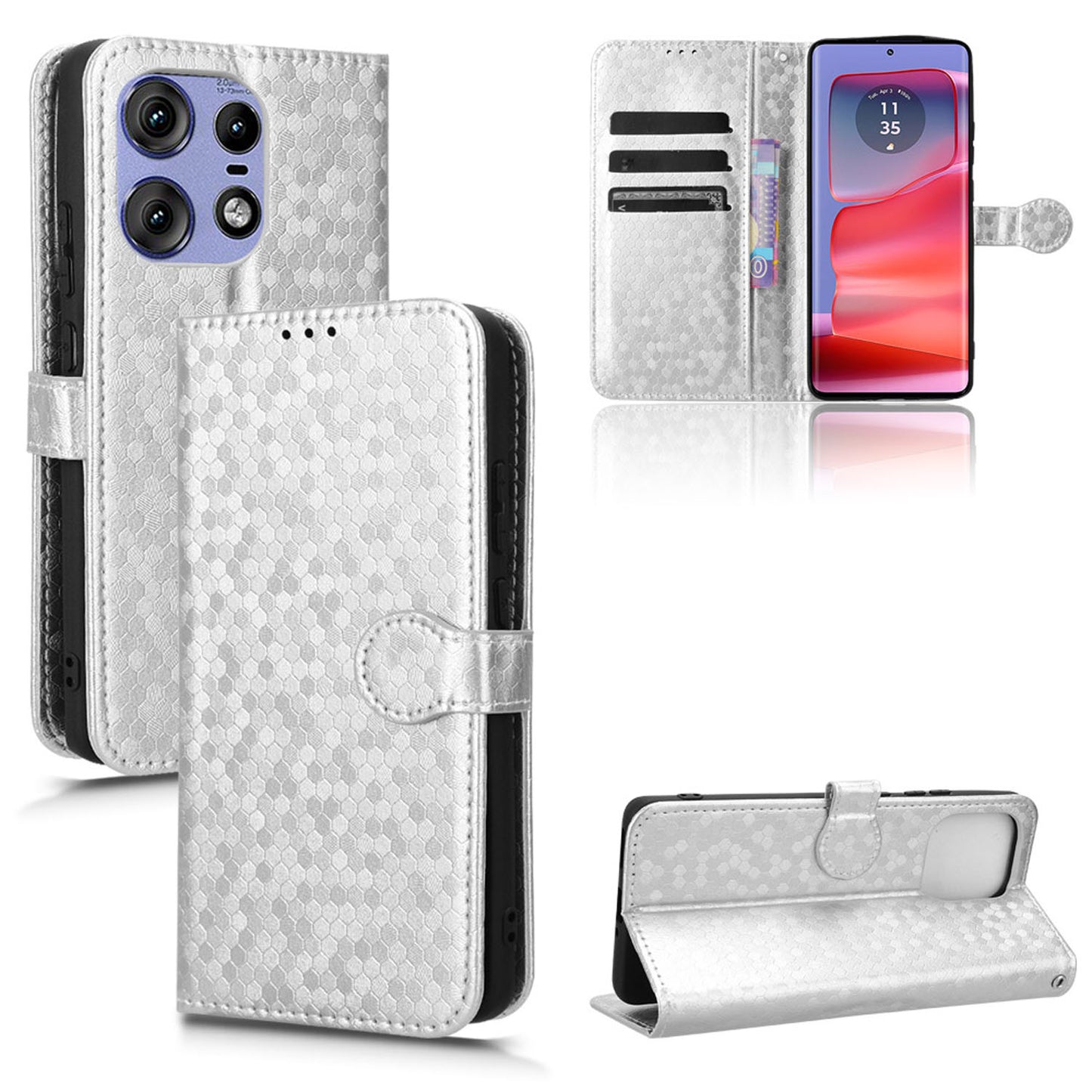 Slim Flip Polka-Dots Phone Case with Card Holder for Motorola Edge 50 Pro, Silver