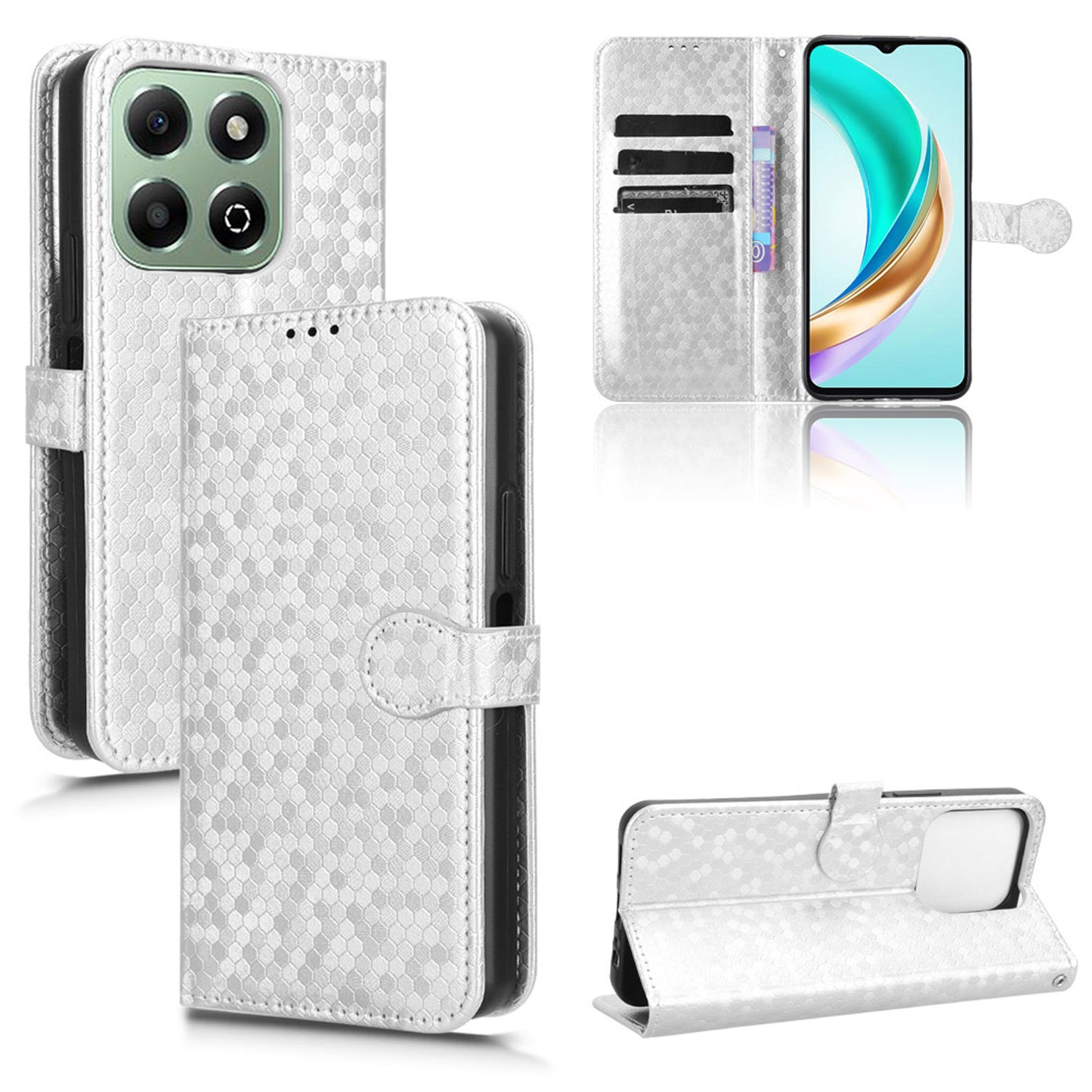 Slim Flip Polka-Dots Phone Case with Card Holder for Honor X6b, Silver