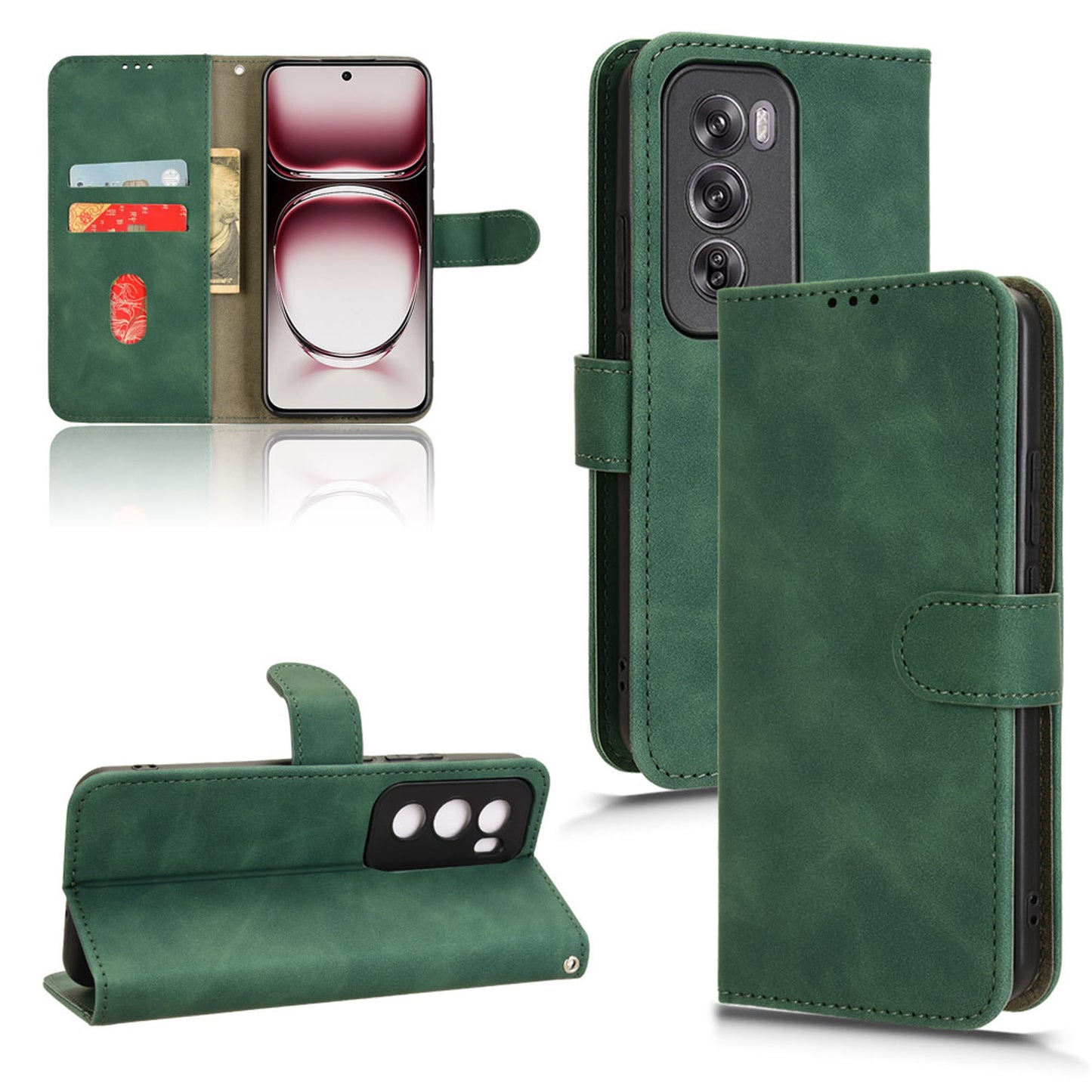 Wallet Case with Card Holder Flip Magnetic Protective Cover for OPPO Reno12 5G, Green