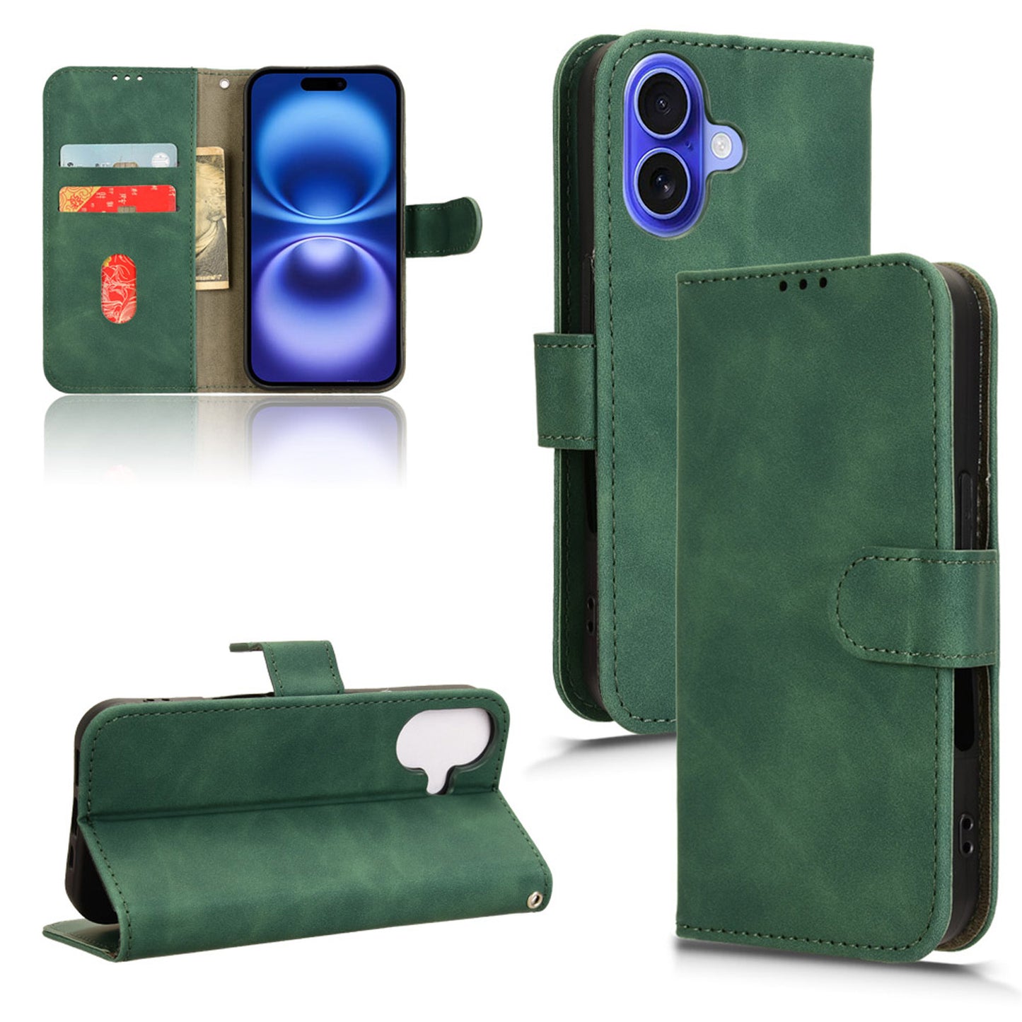 Wallet Case with Card Holder Flip Magnetic Protective Cover for iPhone 16, Green