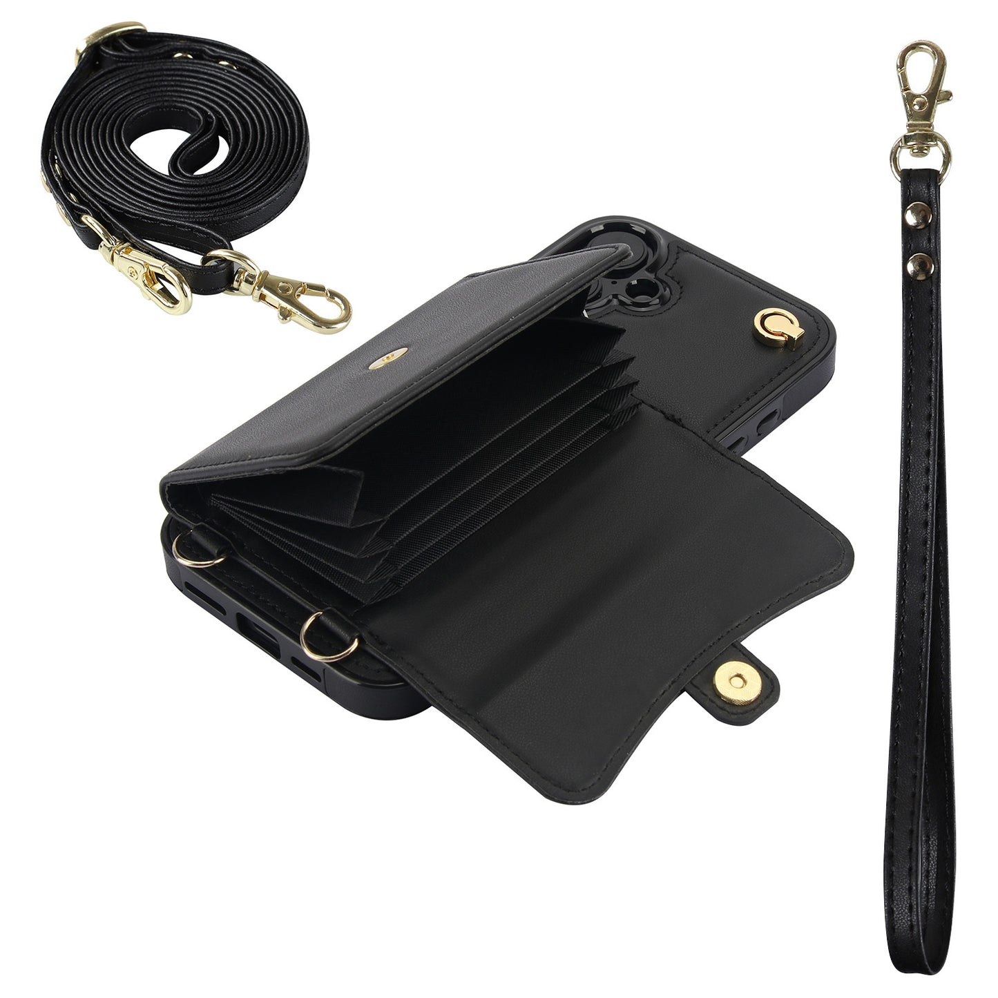 Crossbody Leather Detachable Adjustable Strap Wristlet Flip Case for iPhone 16, Black