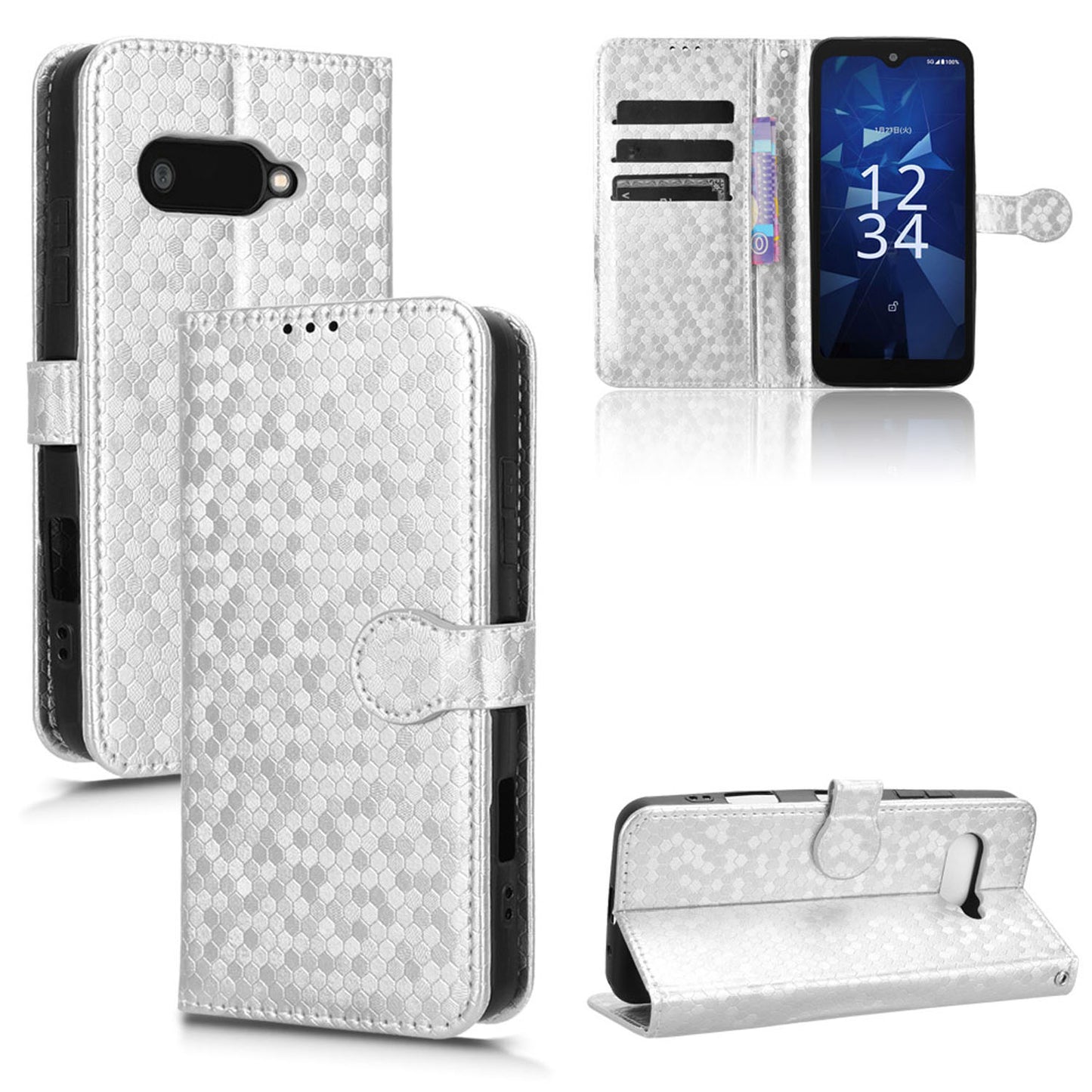 Slim Flip Polka-Dots Phone Case with Card Holder for Kyocera Digno SX4 5G, Silver