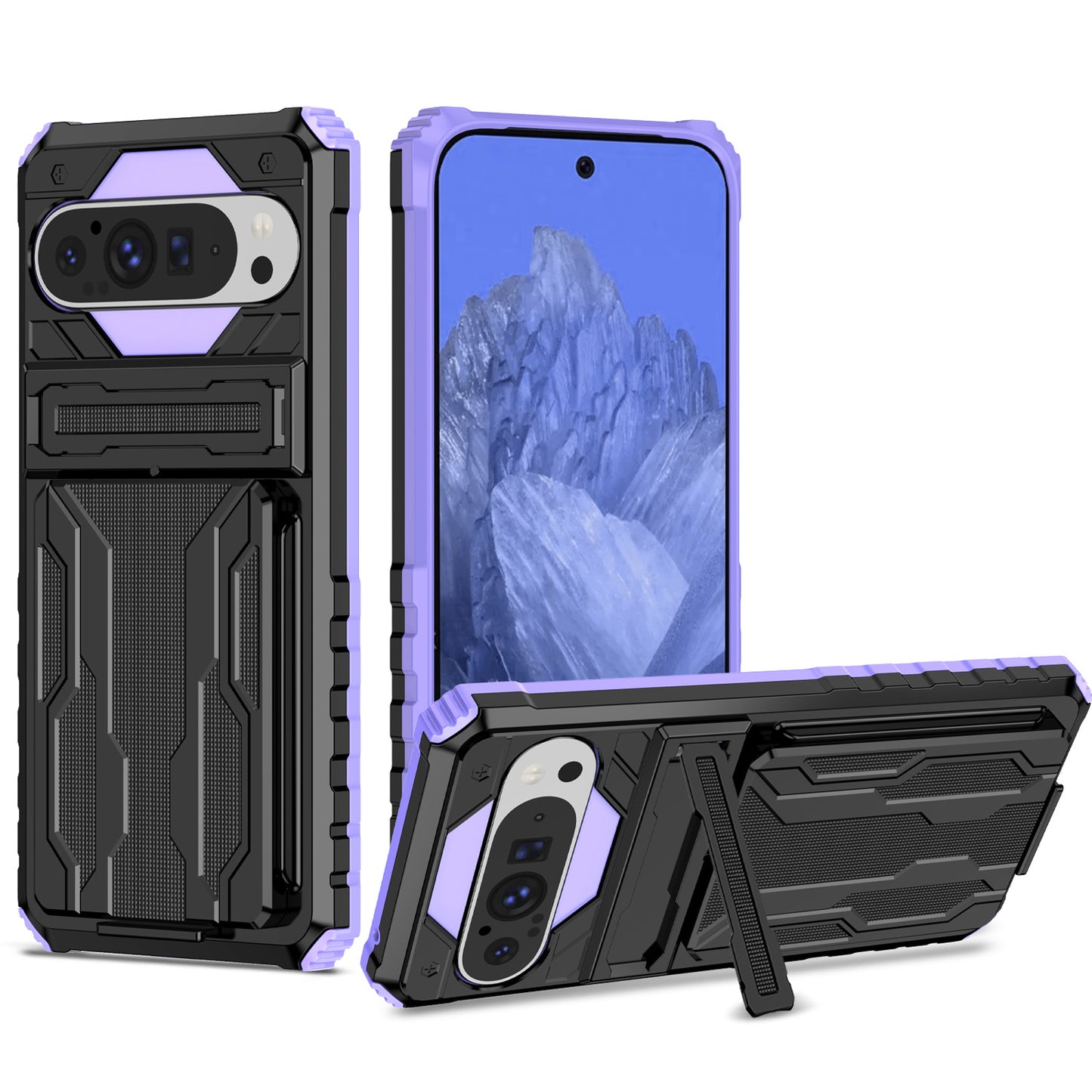 Detachable Card Holder Case with Kickstand Heavy Duty Cover for Google Pixel 9 Pro XL, Purple