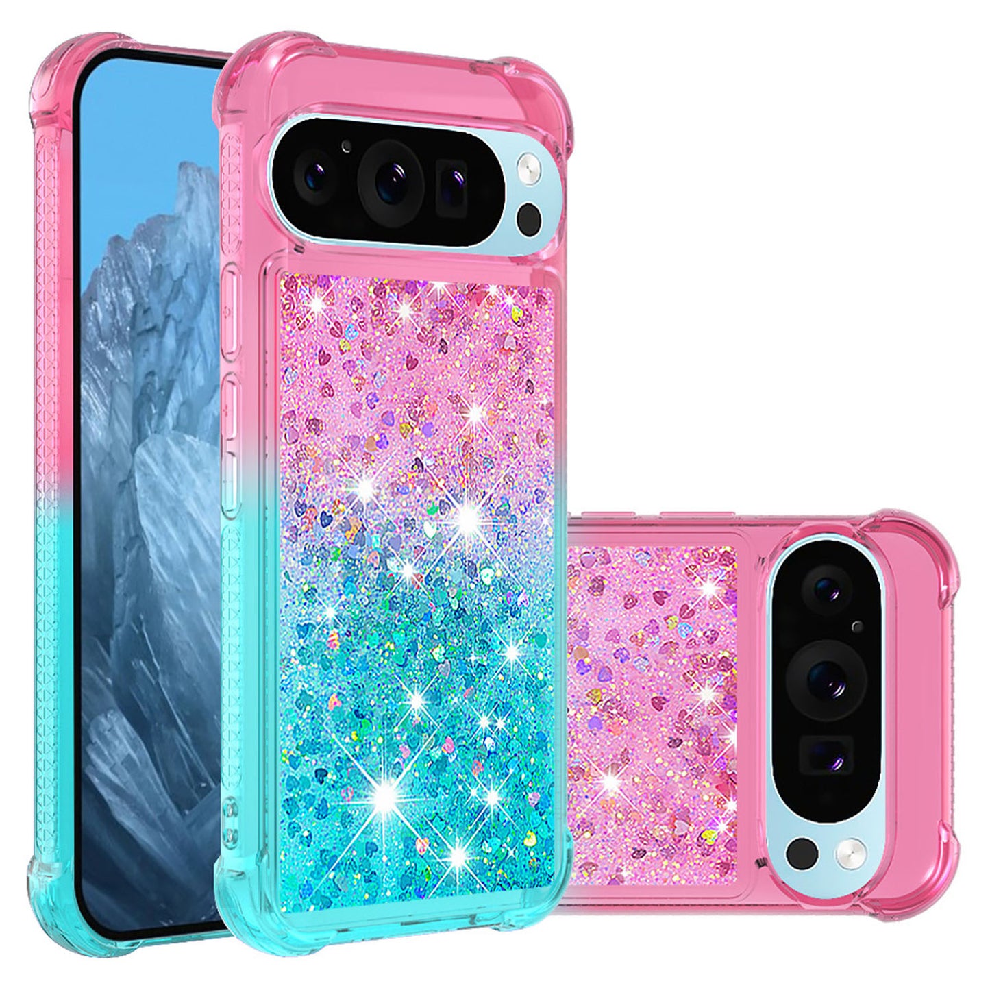 Google Pixel 9 Pro Gradient Quicksand Series Bling Liquid TPU Case, Pink&Blue