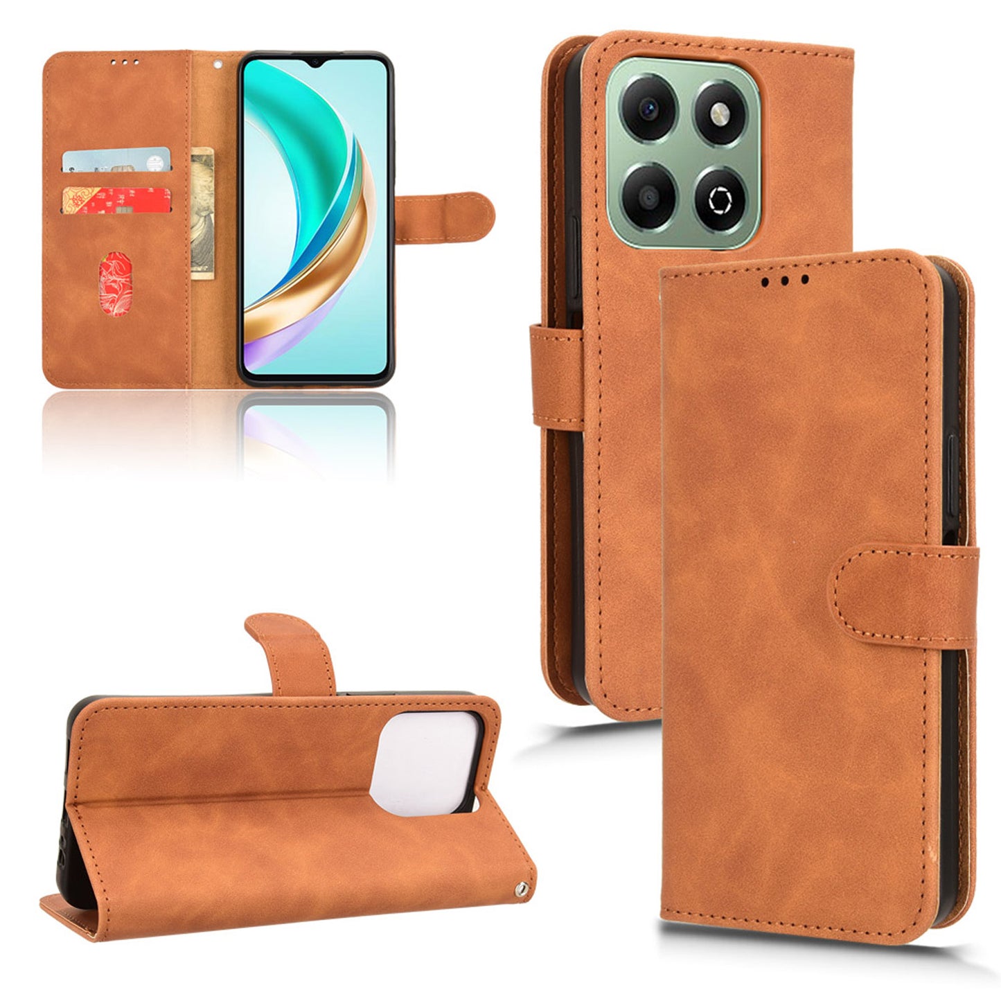 Wallet Case with Card Holder Flip Magnetic Protective Cover for Honor X6b, Brown