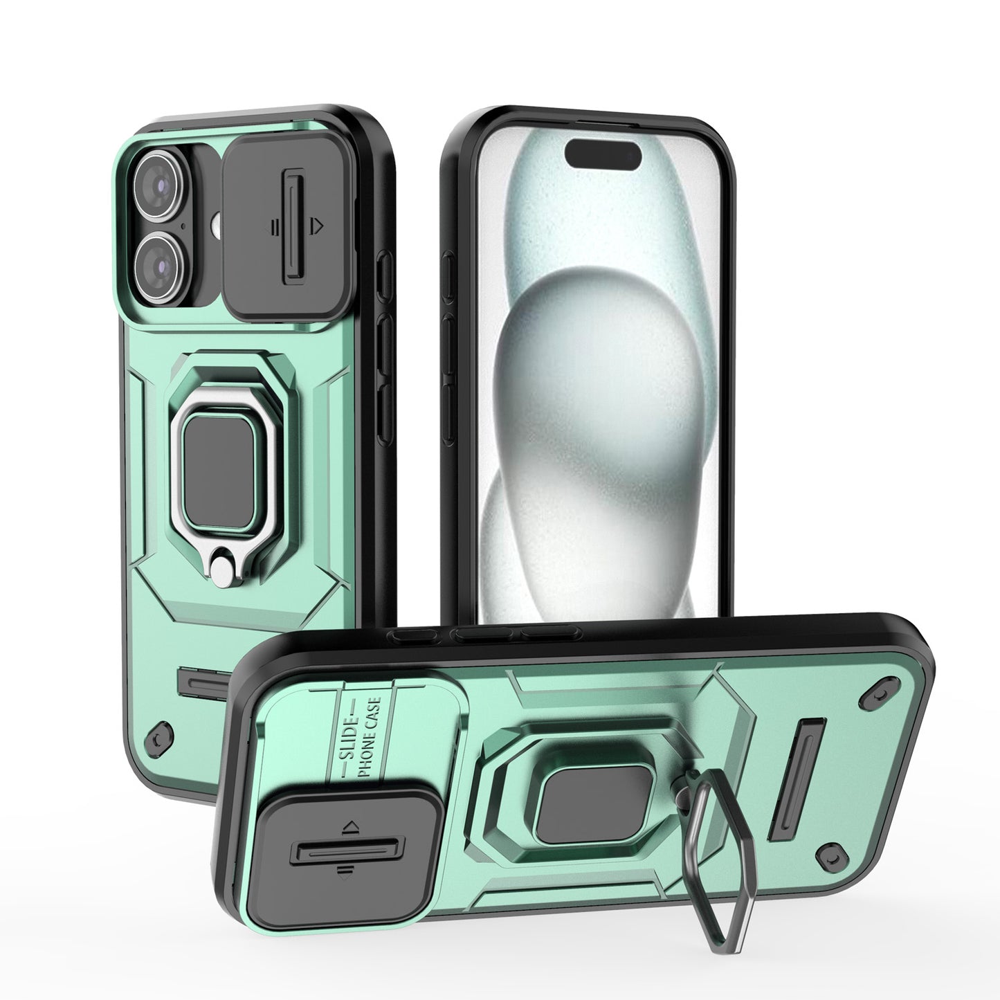 iPhone 16 Heavy Duty Shockproof Case with Built in Slide Camera Lens Cover and Kickstand, Green