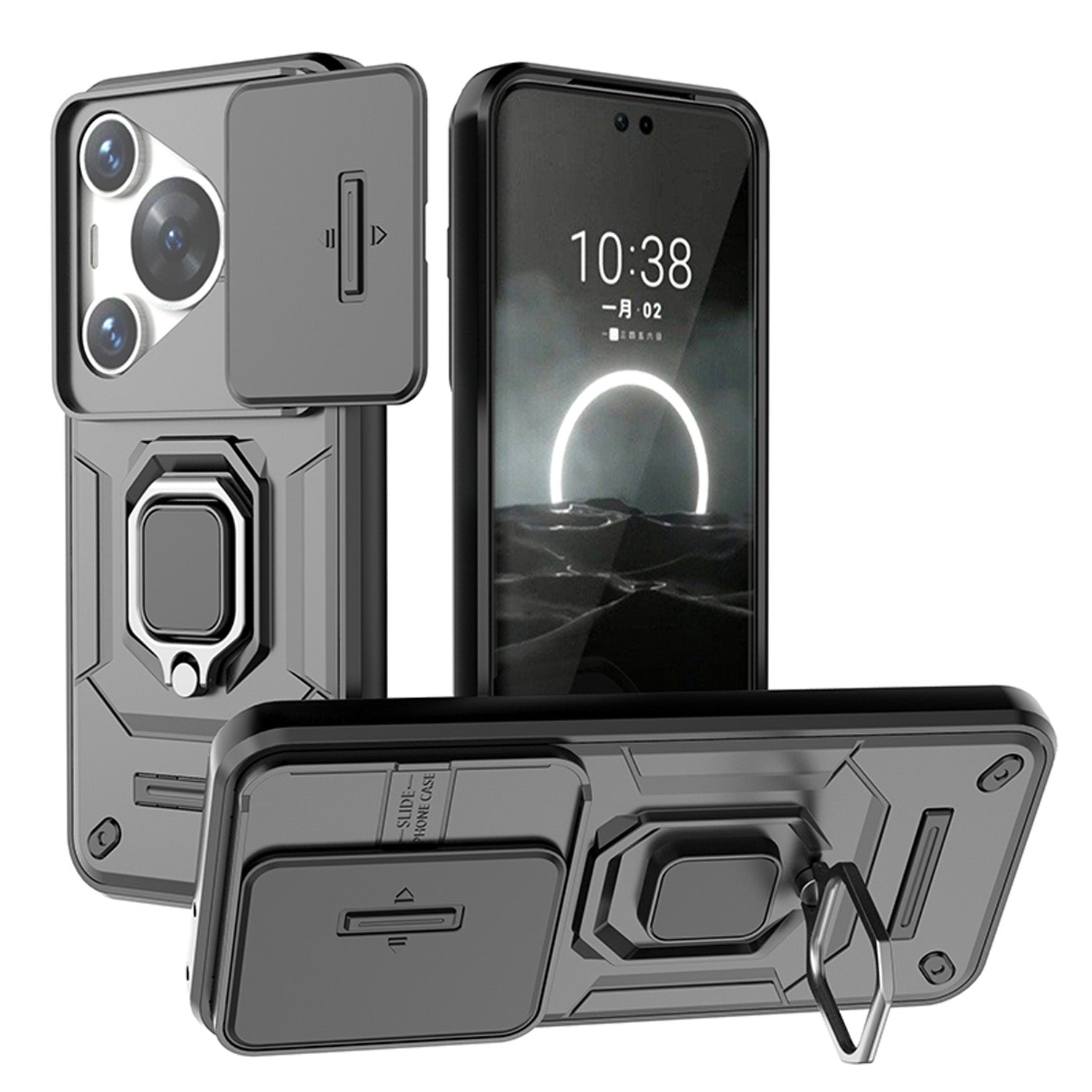 Huawei Pura 70 Pro Heavy Duty Shockproof Case with Built in Slide Camera Lens Cover and Kickstand, Black