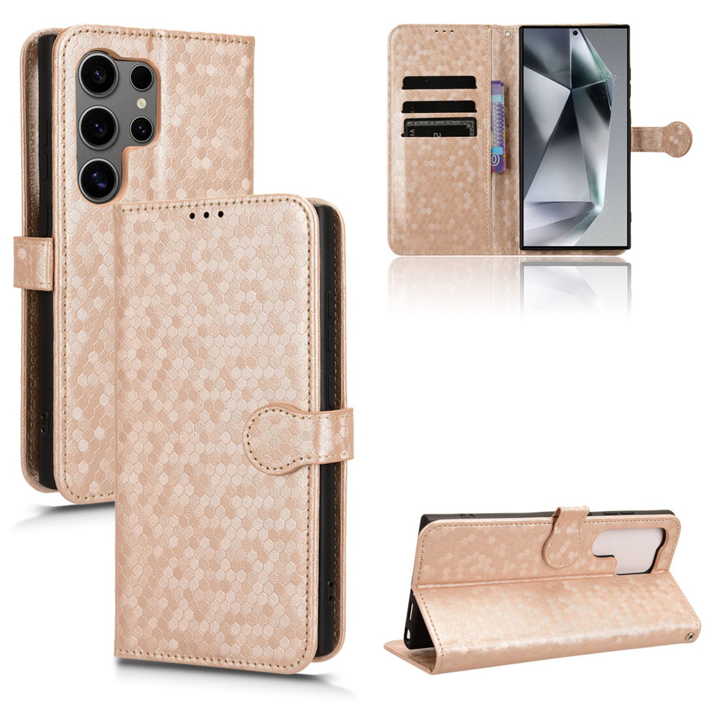 Slim Flip Polka-Dots Phone Case with Card Holder for Samsung Galaxy S24 Ultra, Rose Gold