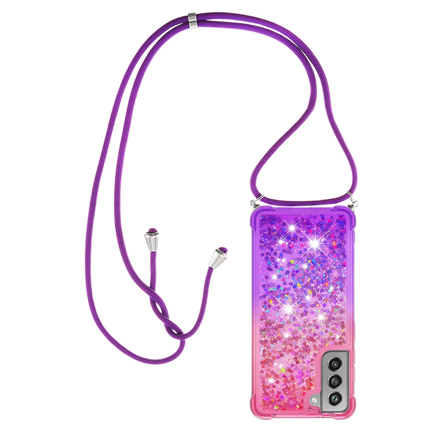 Samsung Galaxy S21 FE 5G Gradient Quicksand Liquid Shockproof Case with Adjustable Lanyard, PINK&P&LANYARD