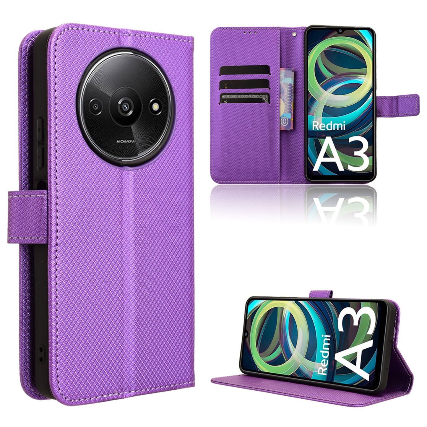 Wallet Case with Credit Card Holder PU Leather Flip Folio Phone Cover for Xiaomi Redmi A3, Purple